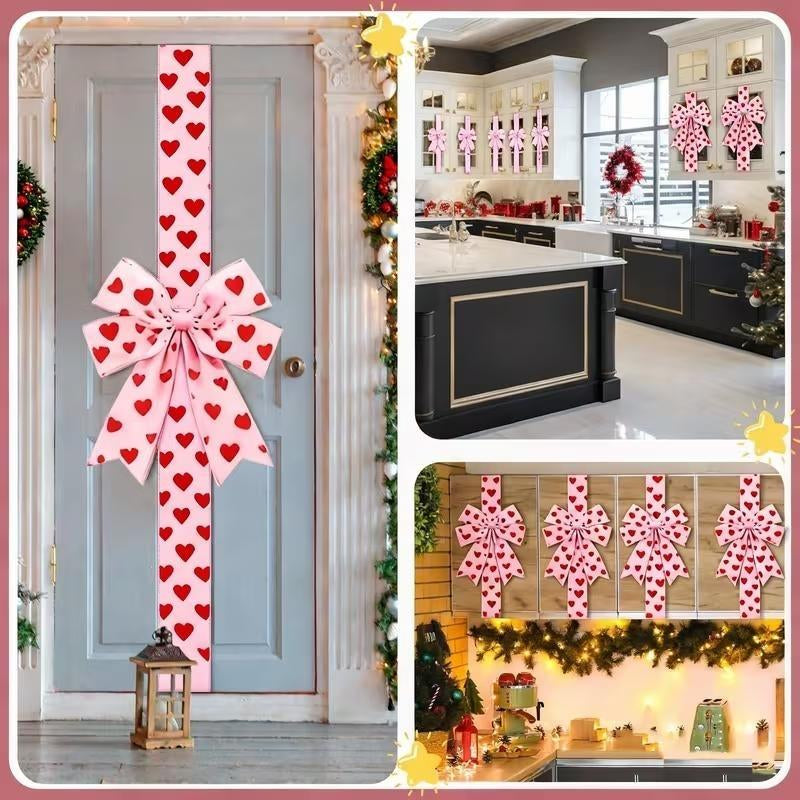 Valentine'S Day Pink Heart Large Bow Decoration - 79X2.4 Inches Polyester Fringe Bow for Cabinet Doors No Batteries Needed, Easy to Install Festive Home Decor