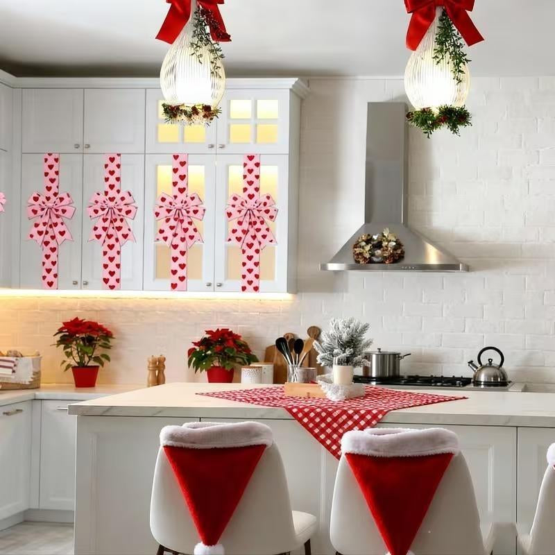 Valentine'S Day Pink Heart Large Bow Decoration - 79X2.4 Inches Polyester Fringe Bow for Cabinet Doors No Batteries Needed, Easy to Install Festive Home Decor