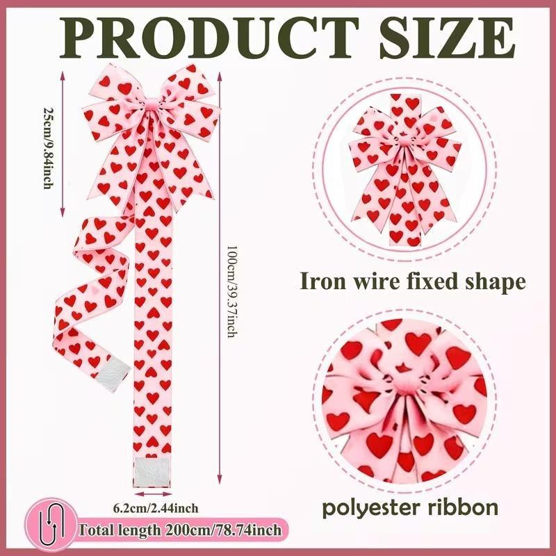 Valentine'S Day Pink Heart Large Bow Decoration - 79X2.4 Inches Polyester Fringe Bow for Cabinet Doors No Batteries Needed, Easy to Install Festive Home Decor